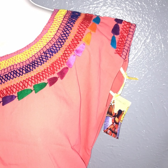Rainbow Embroidered Mexican Artisan Coral  Top - Picture 8 of 11